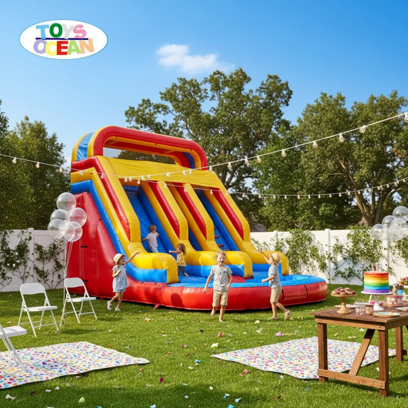 Water Slide Inflatable - Red Yellow Blue Triple Lane Inflatable